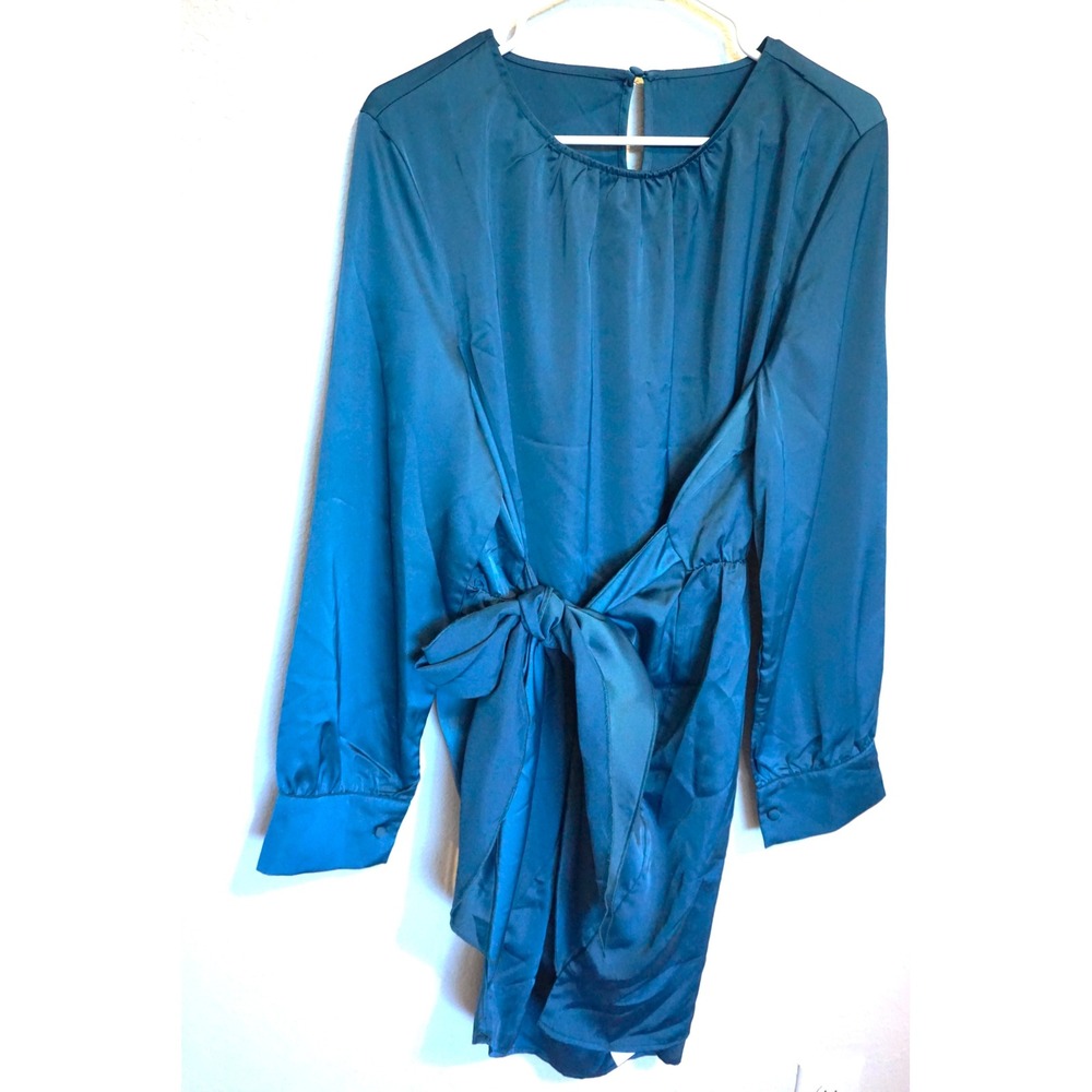 G&Y Teal Blue Satin Tie Front Mini Dress Long Sleeve Cocktail XXL NEW - Picture 5 of 8